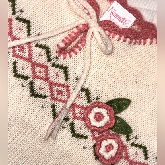 Nannette Baby Knit Poncho with rosettes & tassels/Cream, Pink, Green/Size 18 mos - Picture 2 of 6